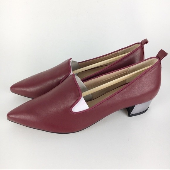 Franco Sarto Size 7.5 Red Leather Slip On Loafers Point Toe Kitten Heels Shoes - Picture 4 of 9